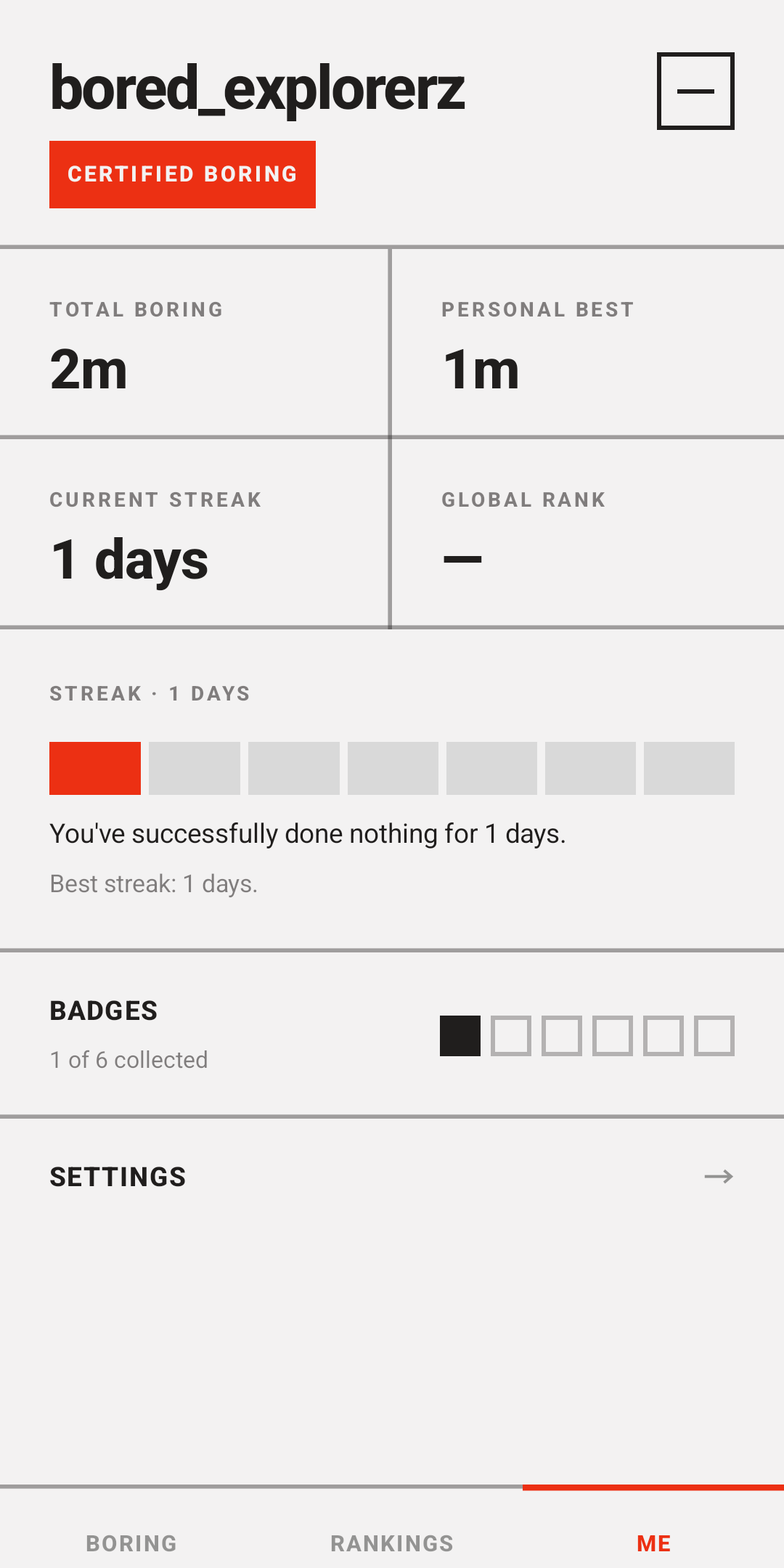 Profile screen with streak and badges